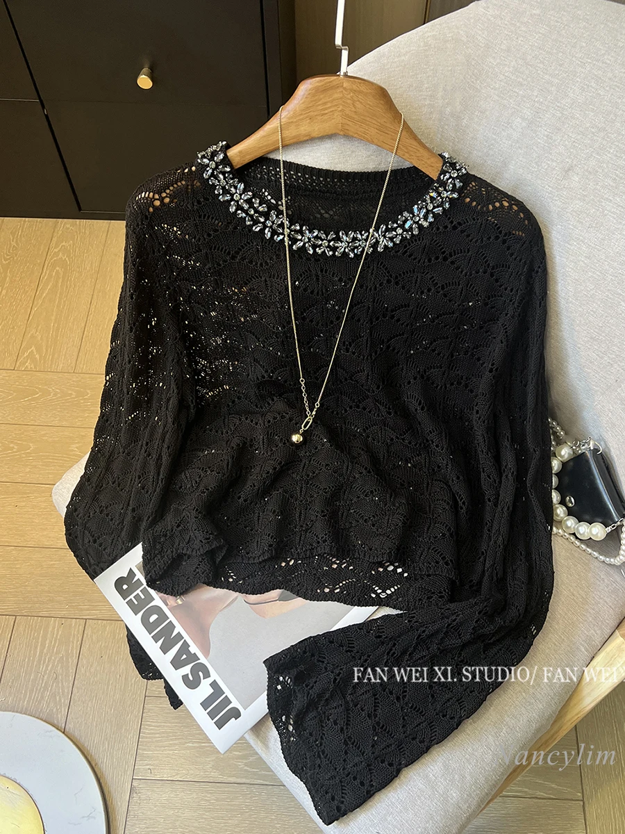 Early Autumn Top Woman New Fashion All-Match Slimming Exquisite Rhinestone Hollow Round Neck Long Sleeve Sweater Short Top Pull