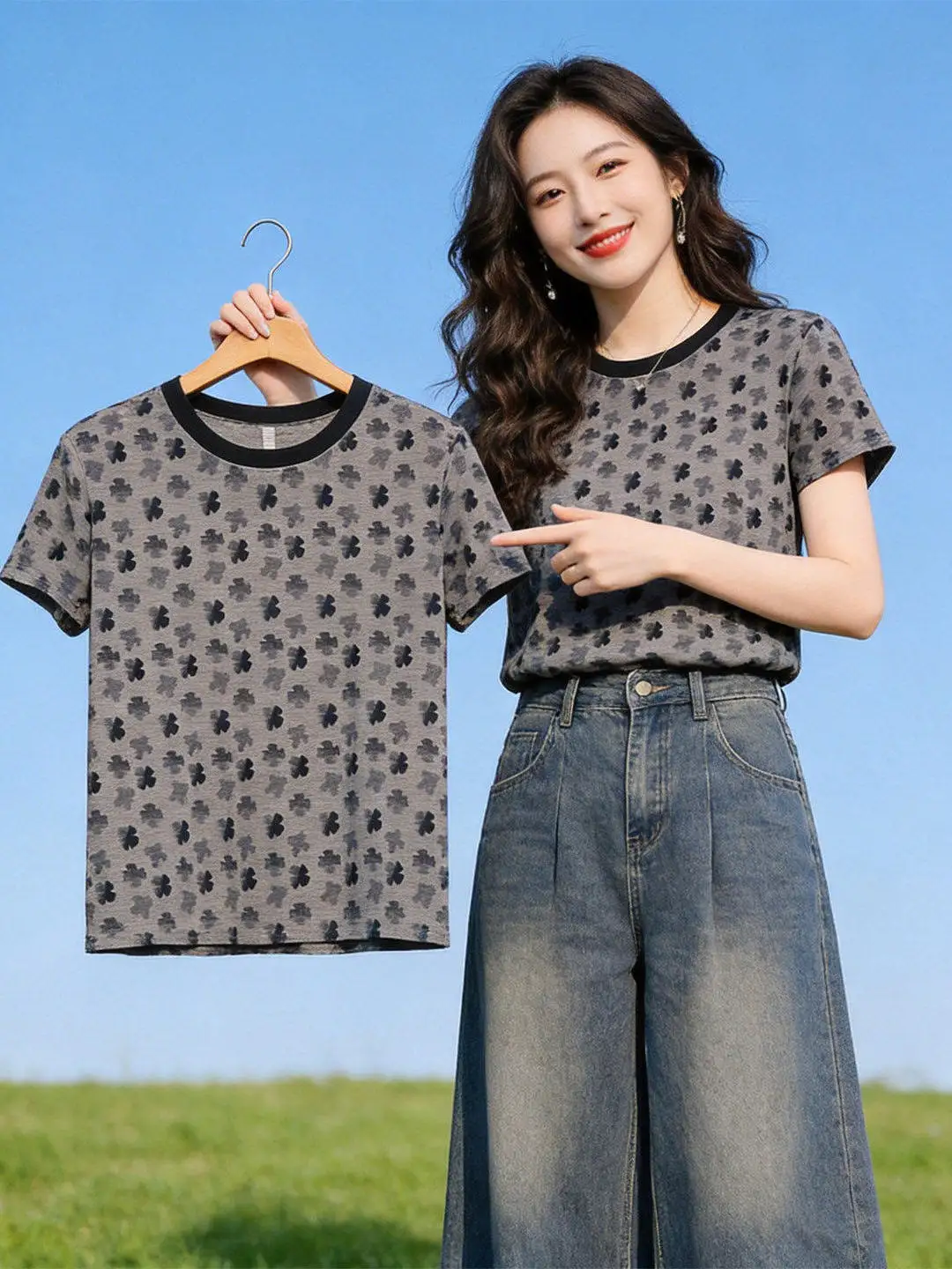 

Elegant Short Sleeve T-Shirt Women's Printed Design round Neck Loose Summer Fashion Casual Polyester Fiber round Neck T-Shirt