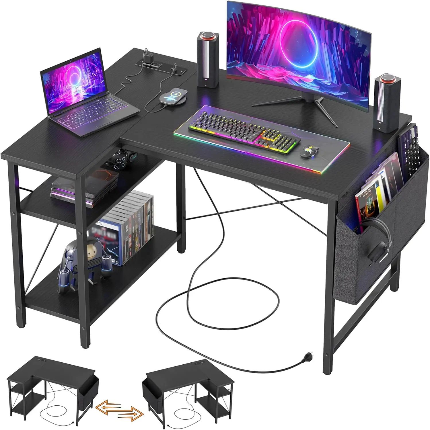 

Gaming Desk with Power Outlets - 40 inch L Shaped Computer Desk, Reversible Design Small Corner Desk