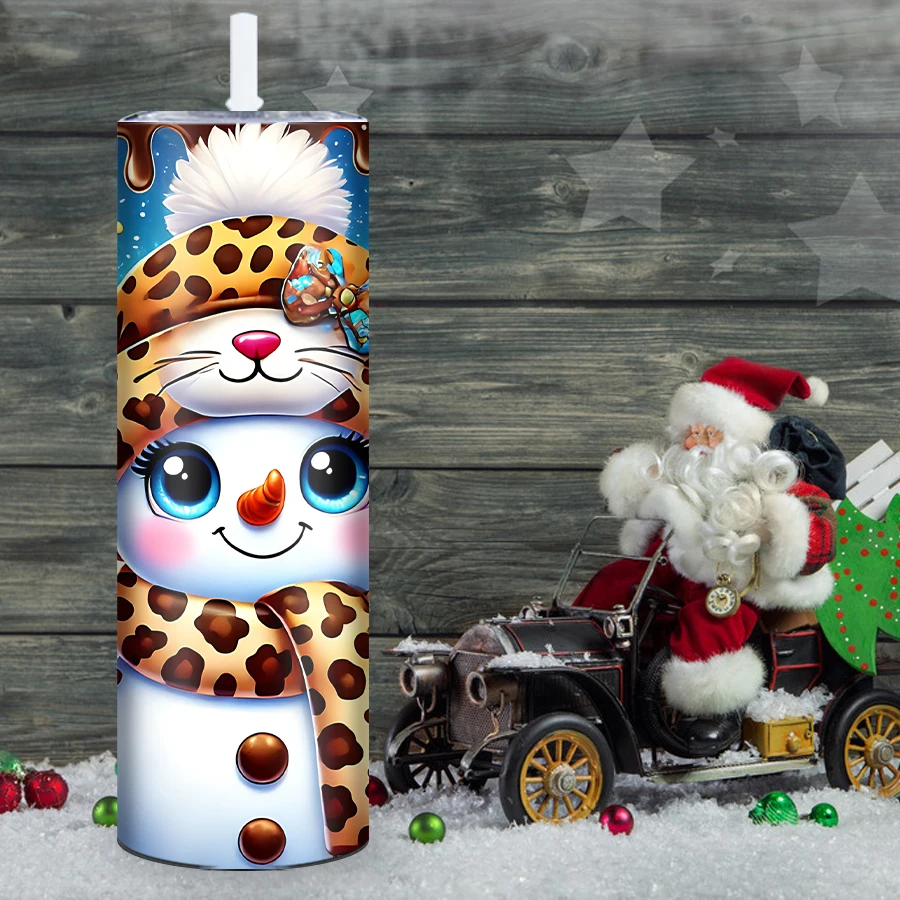 Party Coffee Mugs Straw Lid 20oz 1Pc Stainless Steel  Insulated Mugs 3D Print Cute Snowman Christmas Party Home Decors Gifts