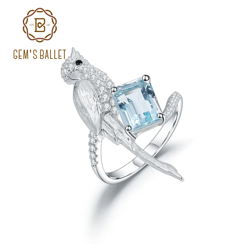 GEM'S BALLET 925 Sterling Silver Gemstone Ring For Women Natural Sky Blue Topaz Flying Bird Handmade Statement Ring Fine Jewelry