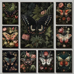 Floral Dark Academia Woodland Blue Moth Black Butterfly Poster Canvas Painting Botanical Wall Art Pictures Halloween Home Decor
