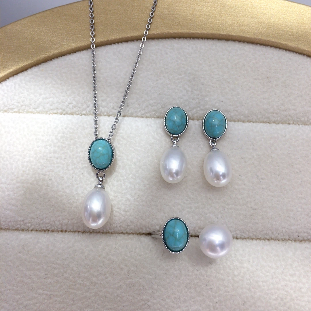 ZHBORUINI 2025 New Arrival Natural Freshwater pearl rice shaped set Fashion retro droplet shaped jewelry earrings rings pendants