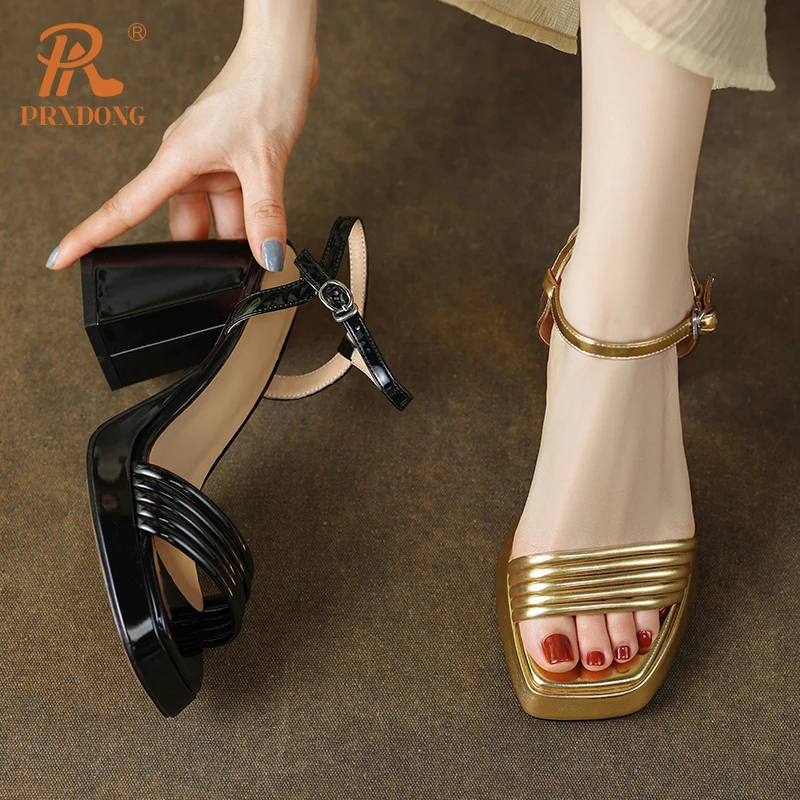 PRXDONG New Fashion Summer Square High Heels Platform SHoes Woman Sandals Black Gold Dress Party Office Lady Shoes Size 34-39