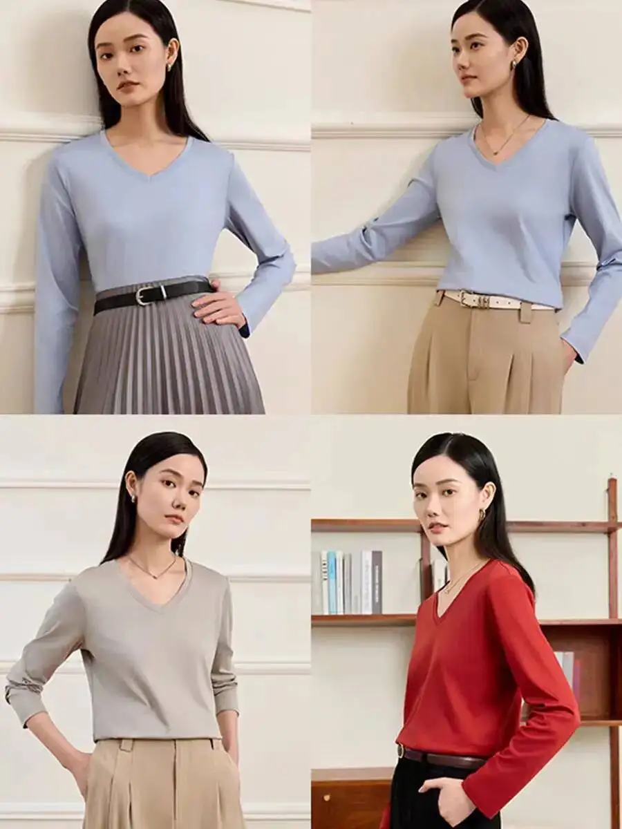 Mulberry Silk Cotton Long Sleeve T-shirt Women 6% Silk Round Neck V-neck Smooth Basic Loose Tops