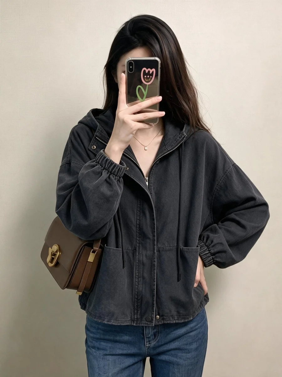 Retro Washed Loose Women's Jacket with Hood Spring New Arrival Cotton Zipper Decorated Commute Style Warm Short Outerwear