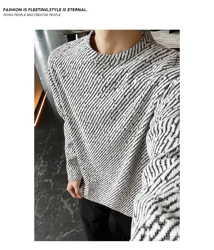 Herren-Sweatshirt mit Rundhalsausschnitt und langen Ärmeln, Jacquard-Stoff mit diagonalen Streifen, locker geschnittener Oversize-Schnitt für den täglichen Herbst-Outfit-Look. – Detail 15