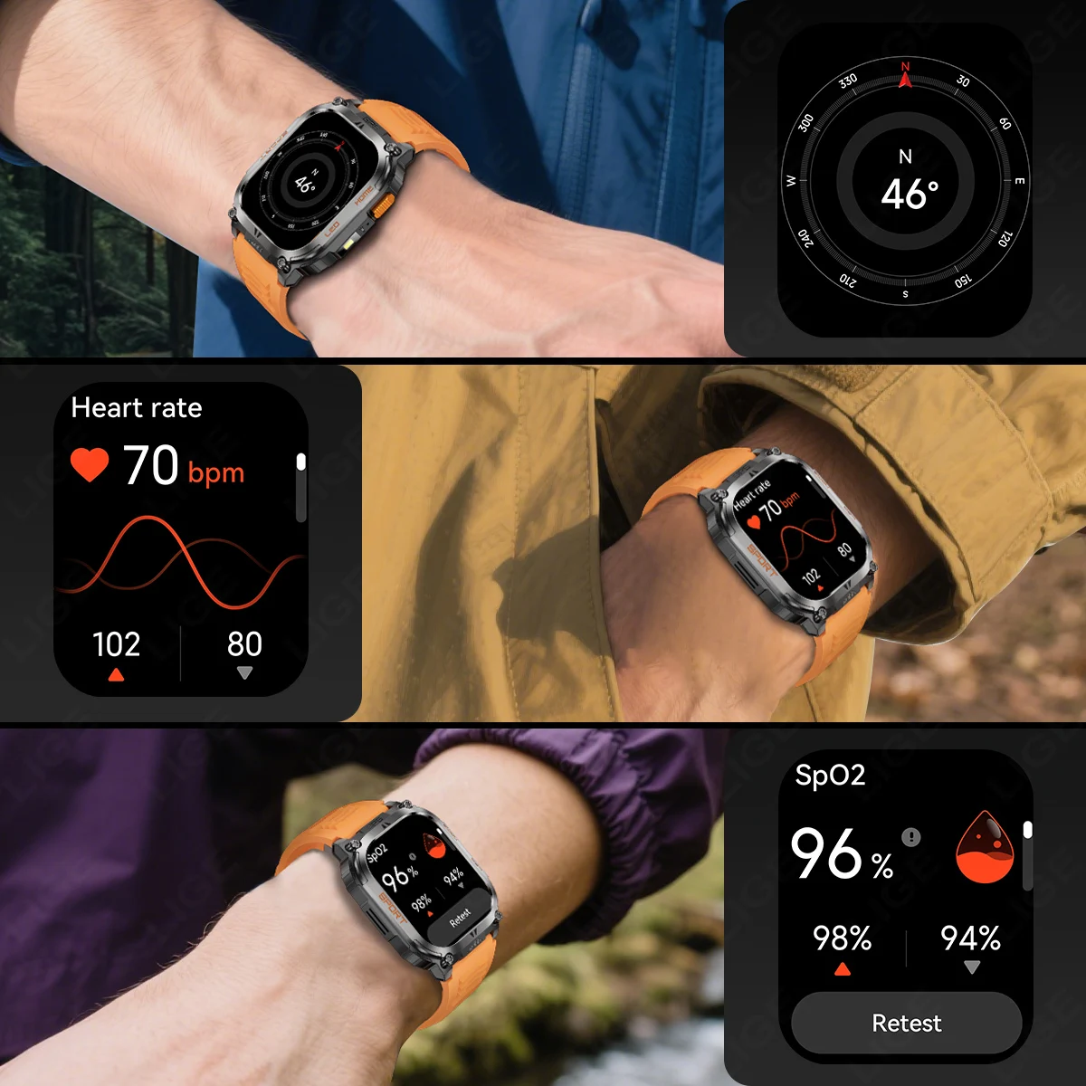 LUIK GPS Kompas Smart Horloge Met Zaklamp 630mAh 2.01 "Groot Scherm Hartslag Bluetooth Oproep Waterdichte Mannen smartwatch 2025