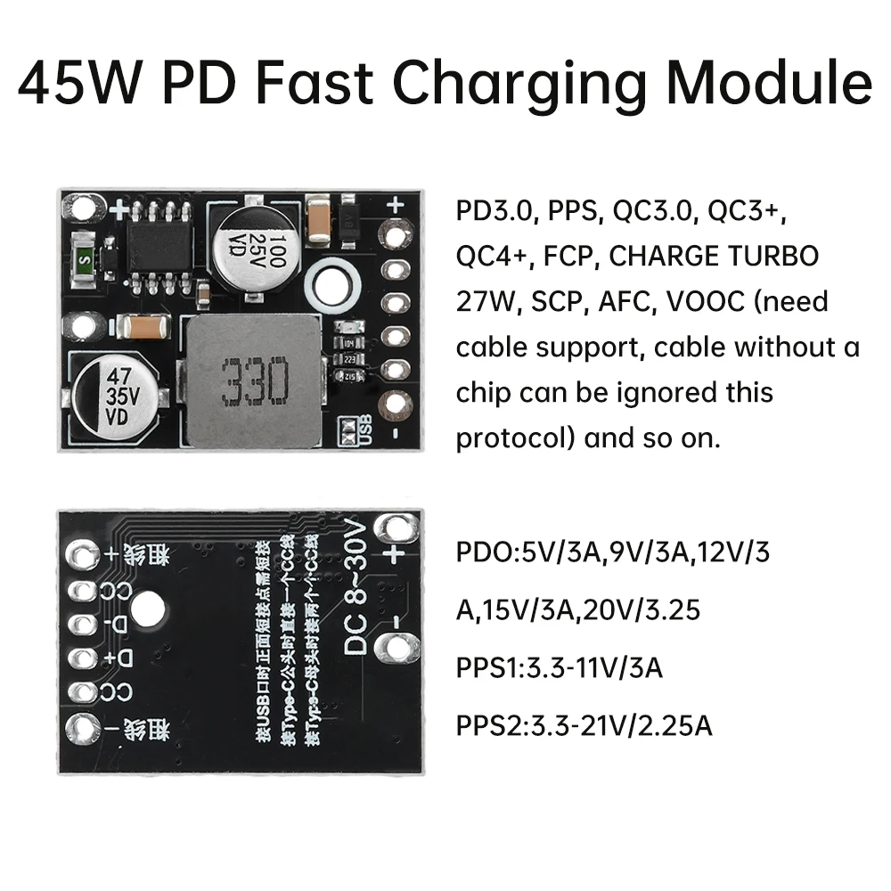 Модуль быстрой зарядки PD45w, выход паяного провода, поддержка Apple PD3.0 PPS, быстрая зарядка QC3.0, вход Huawei SCP VOOC12v24v