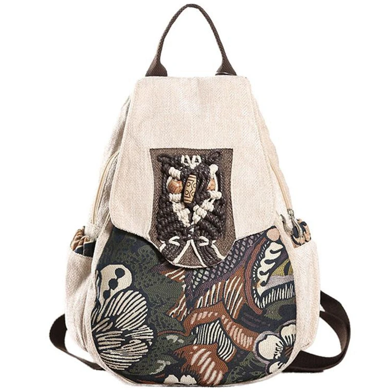 

ASDS-Anti-Theft Female Backpack Retro Forest Print Female Student School Bag Girl Ethnic Style Handmade Lady School Bag