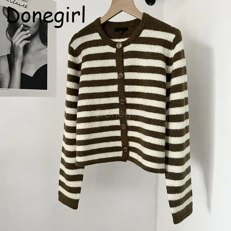 Donegirl 2023 Women Autumn New Striped Knitted Sweater Causal Simple Single Row Button Cardigans Short Coat Female Tops Chic