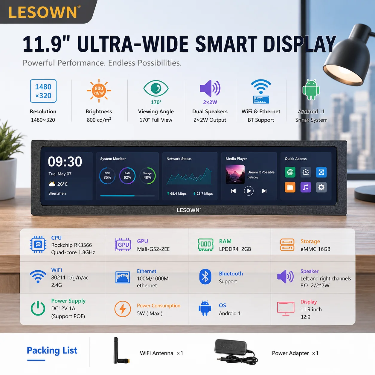 lesown-schermo-ultra-lungo-119''-android-11-1480x320-800nits-wifi-bt-poe-display-lcd-intelligente-per-desktop