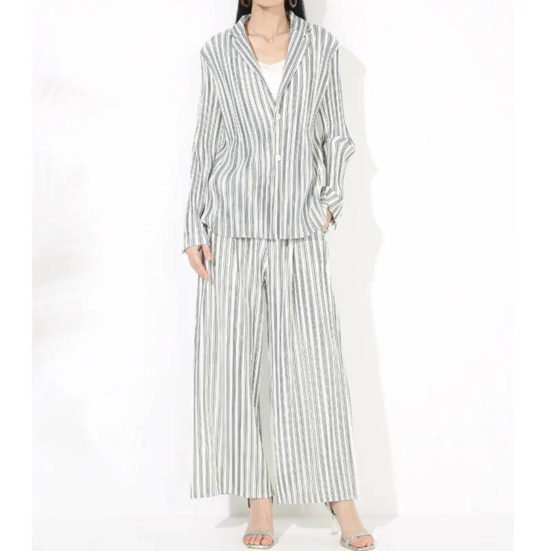YFPF Casual Pleated Striped Women 2 Piece Set Long Sleeve Button Shirt + Wide Leg Trousers Fashion 2025 New Clothing 3A377