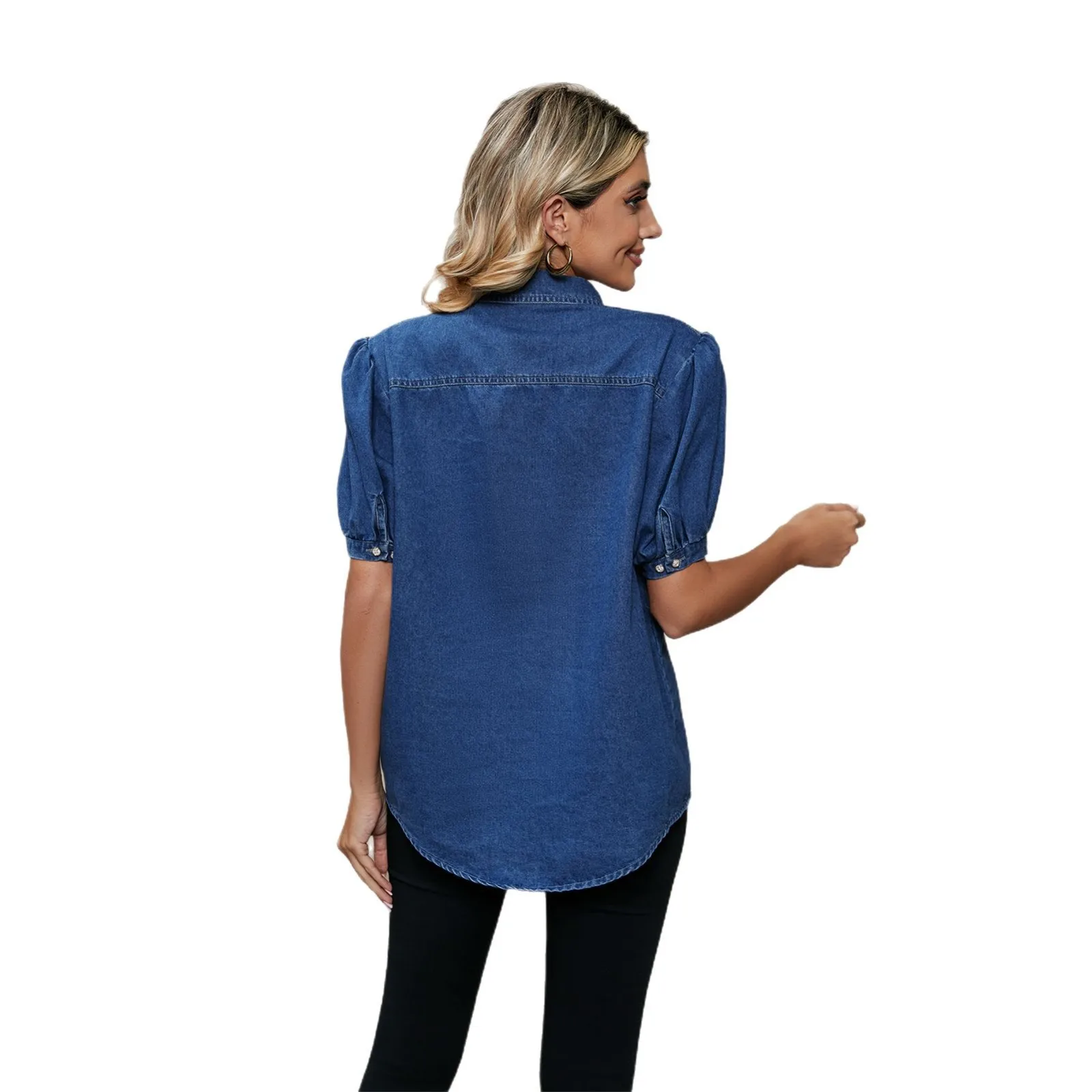 Europäische und amerikanische Mode neue Joker Princess Ärmel Revers dünnes Jeanshemd Freizeithemd Flut Damenbekleidung