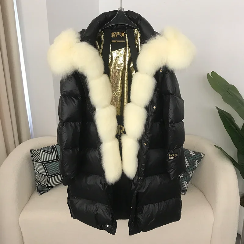 MENINA BONITA New Real Fox Fur collo di pelliccia di procione giacca invernale con cappuccio donna Warm Duck Down Long Streetwear capispalla