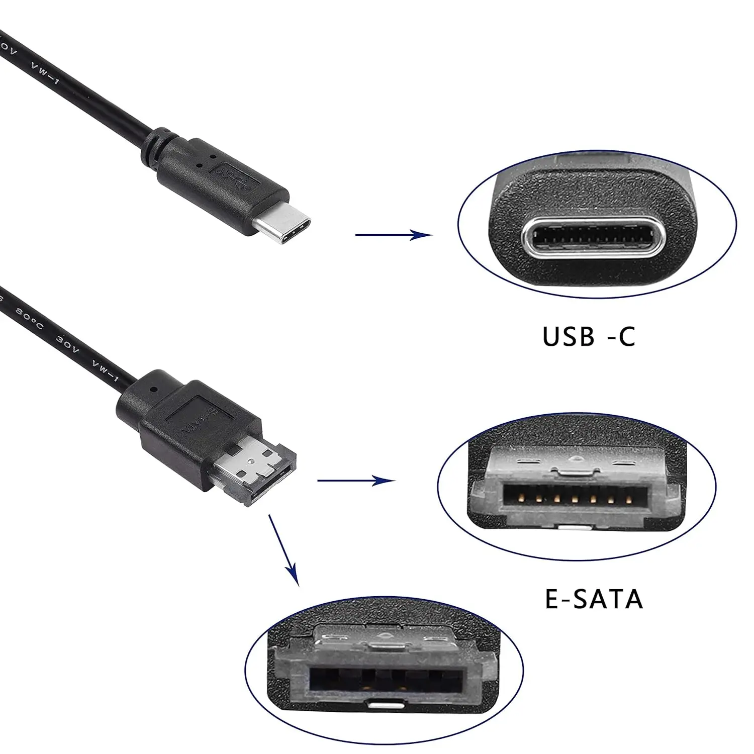 USB 3.0 Type-C to eSATA Adapter Cable 5Gbps USB C/USB 3.0 to Power eSATA Converter Cable 5V for HDD/SSD/ODD Laptop PC - 3 ft/1M