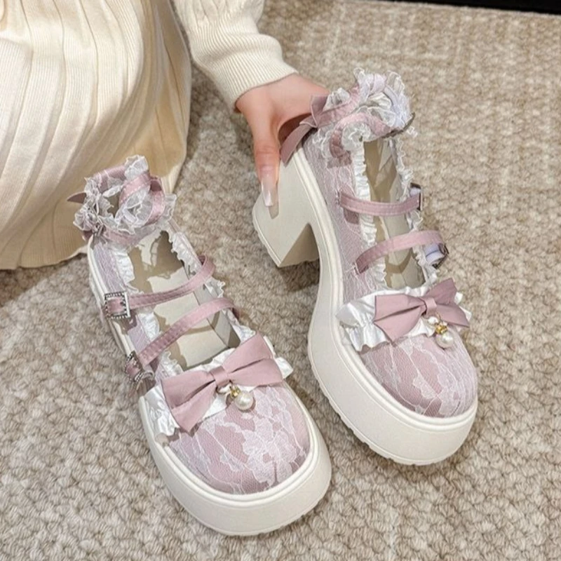 

Women Mary Jane Shoes Lolita Grunge Fabric Upper Wedge Heel British School Autumn Back to School