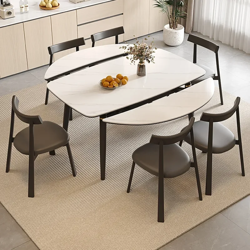 Medieval Stacked Rock Slab Dining Table Set Solid Wood Retractable Square Round Table and Chairs for Small Apartment