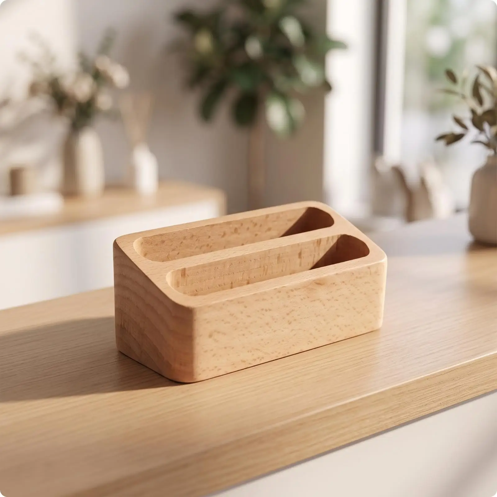 Compact Wood Business Card Holder Stand Desktop Rack with Recessed Slots for Reception Counter Study Table Organizer