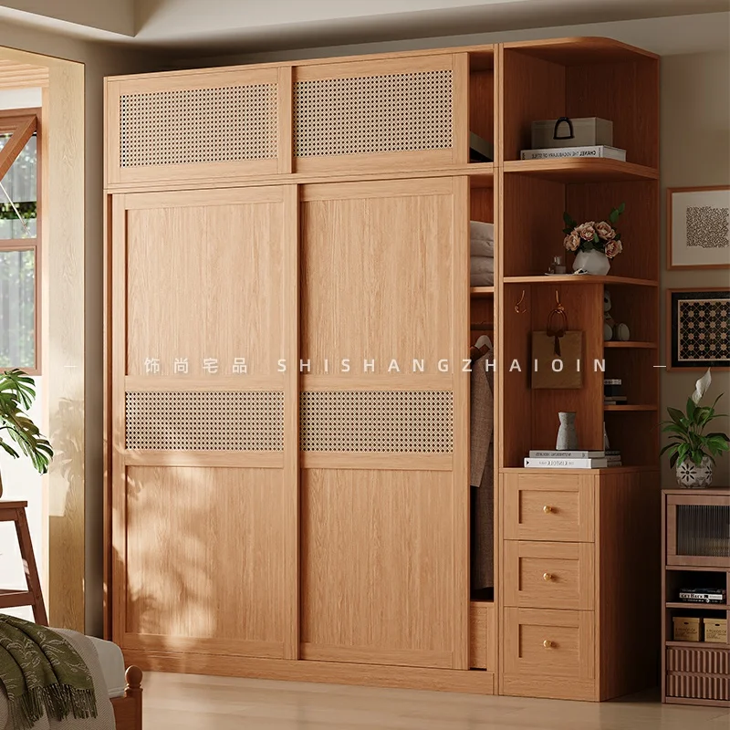 Rattan sliding door wardrobe bedroom clothes storage cabinet small apartment new log wind sliding door finished wardrobe
