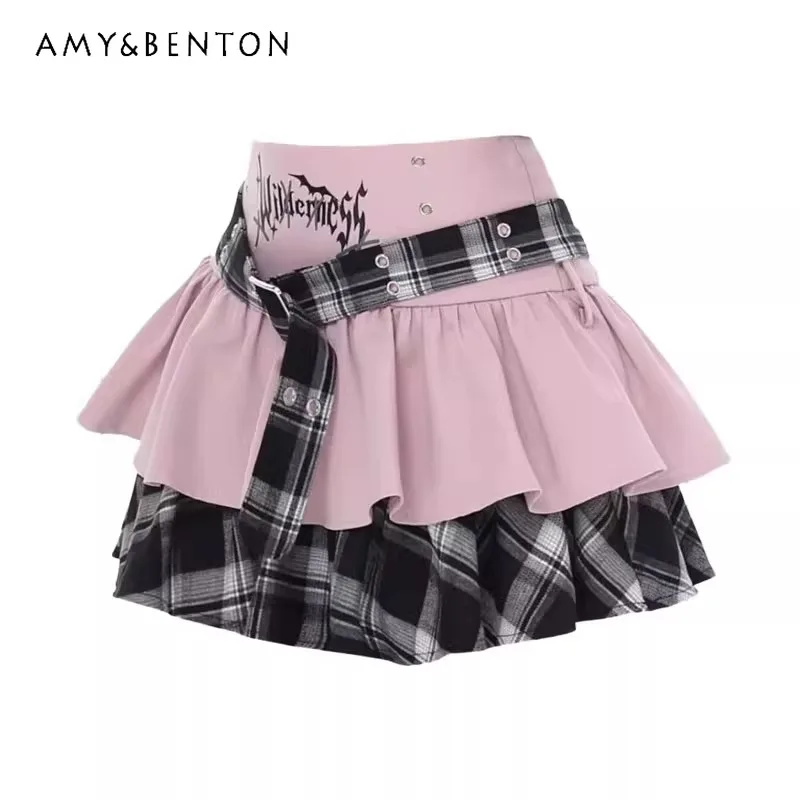 

2025 Summer New Hot Girl Belt Design Pink Plaid Cake Half Skirt Subculture Red Black High Waist Pleated Short Skirt