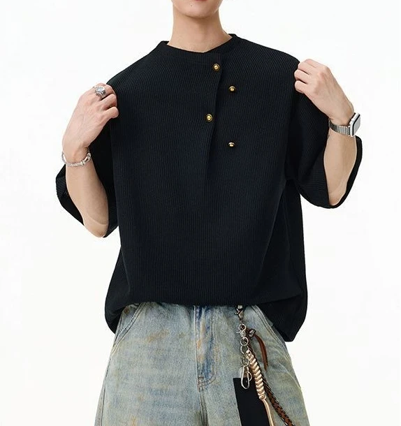 New Chinese Button Design 2026 Summer Short-sleeved T-shirt Metal Buckle Handsome and Loose