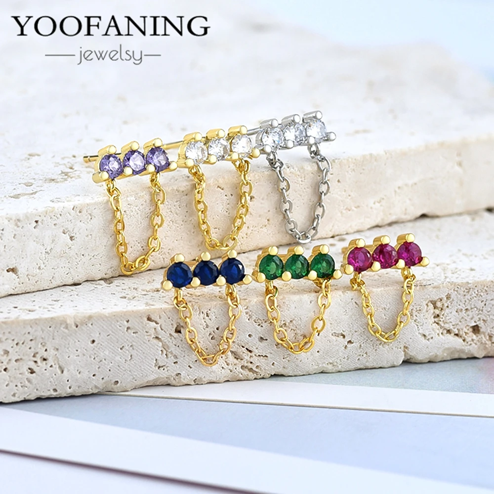 

YOOFANING 925 Sterling Silver Needle Short Chain Stud Earring for Women Purple Crystal Charm Female Earring Anniversary Jewelry