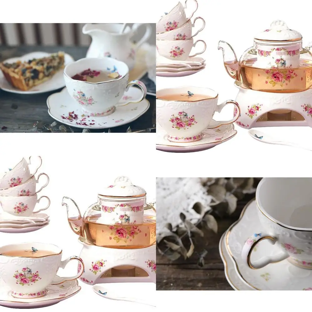 

Antique-Style Porcelain Flower Tea Set with 16 Pieces, Including Teapot, Filter, and Serving Utensils