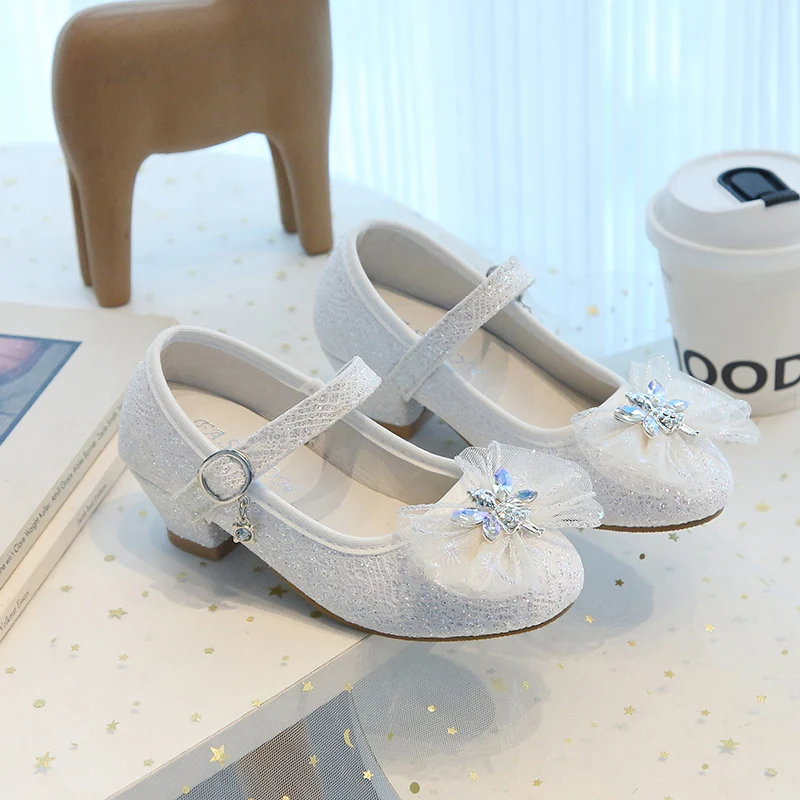 Mumoresip Girls High Heels for Wedding Party Kids Dress Shoes Princess Sweet with Lace Crystal Chic Soft Leather Shoes Sequins