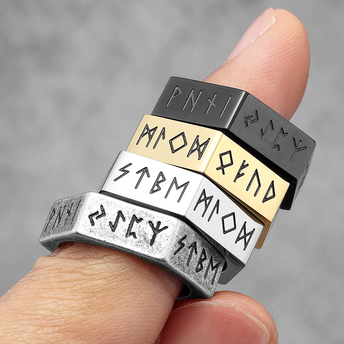 Vikings Rune Men Ring Stainless Steel Hexagon Nordic Mythology Rings Vintage Rock for Male Rider Jewelry Accessories Gift