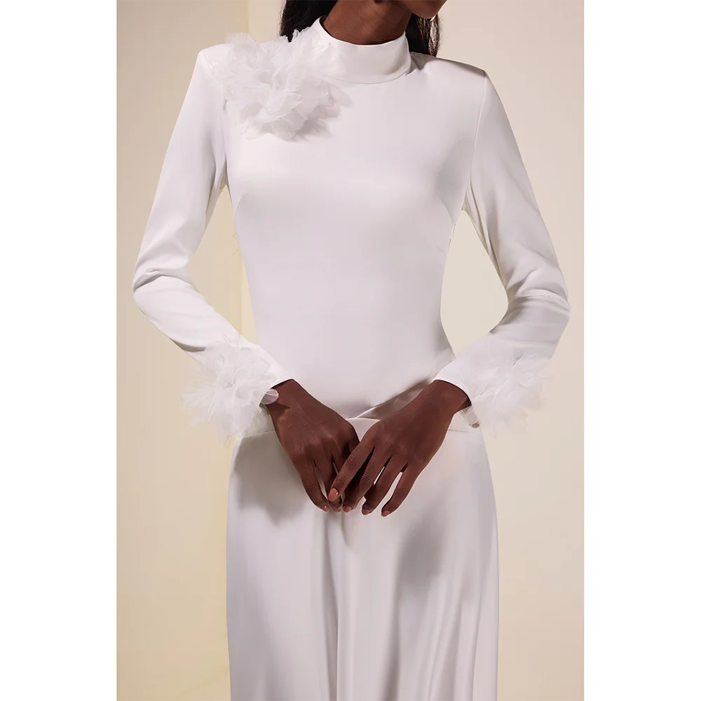 Robes de soirée blanches simples, col haut, fleurs, manches longues, longueur au sol, robes de bal personnalisées