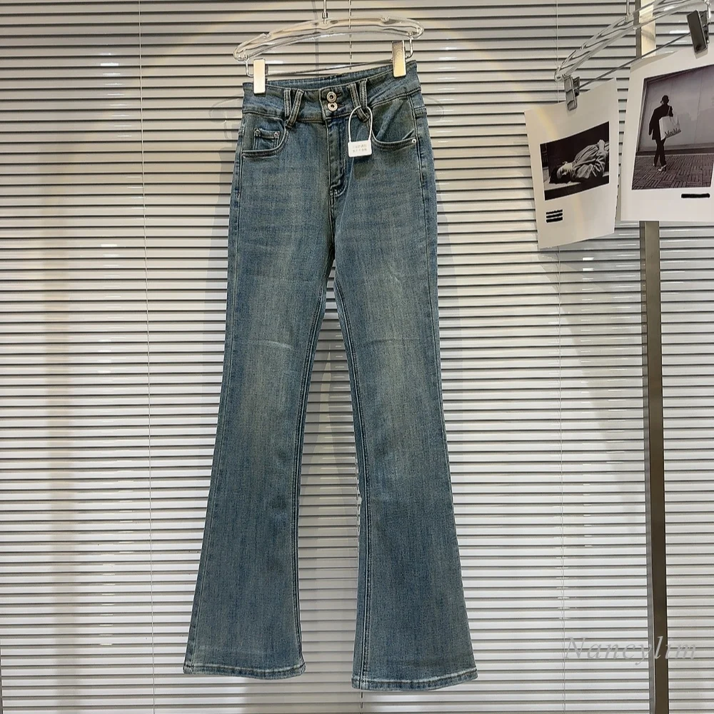 Jeans azul simples casual para mulheres, cor sólida, design lavado e desgastado, calça fina e emagrecedora, nova para primavera e verão