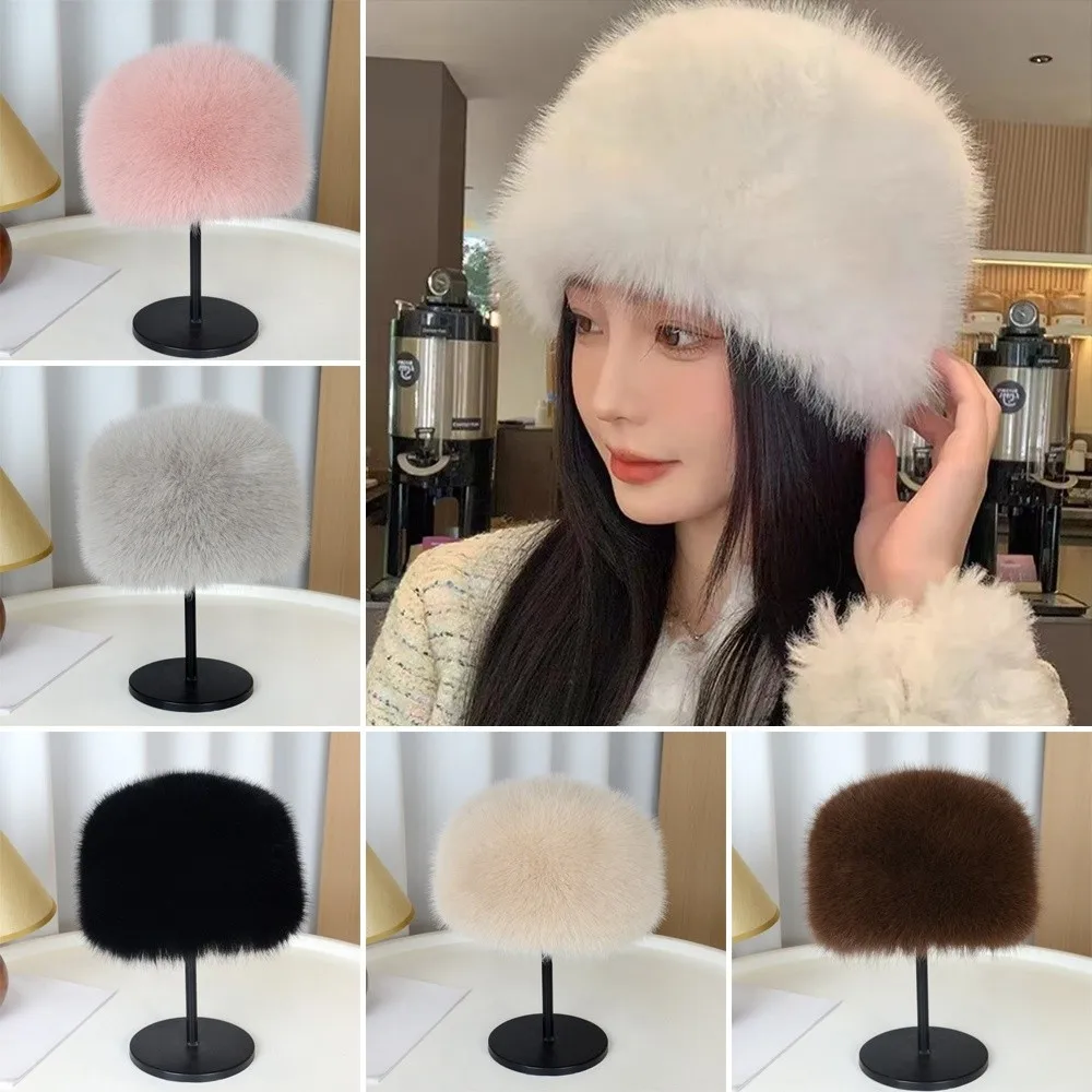 

Fashion Plush Fluffy Fur Bucket Hat Ear Protection Warm Fisherman Hat Furry Soft Mongolian Cap Women