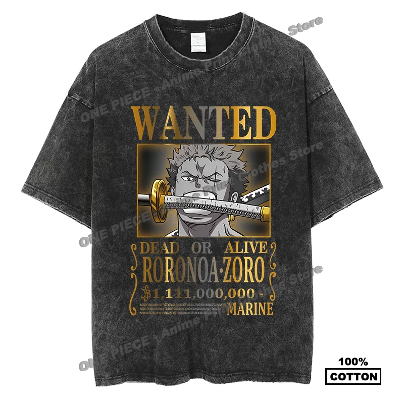 

One Piece Zoro Wanted Print T Shirt Japanese Cartoon Anime Manga Print T-shirt Cotton Vintage Men Women Oversized Black Tees