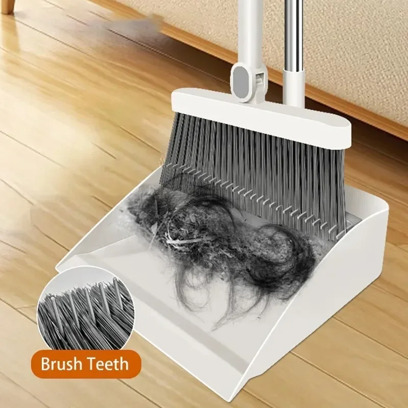 Juego de Escoba y Recogedor Plegable Vertical con Cerdas Suaves Antideslizantes, 2 Piezas