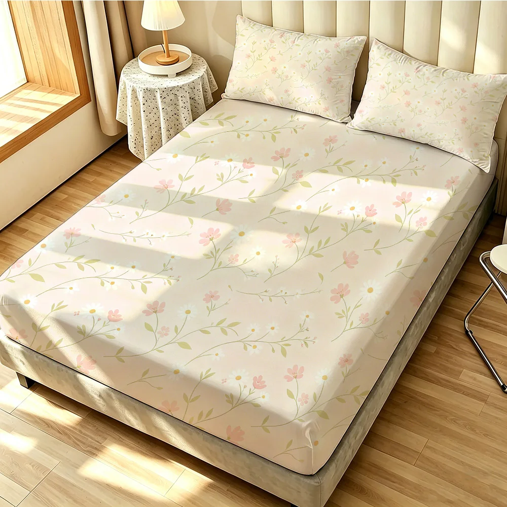 3pcs Pink White Floral Leaf Print Bedding Set Coreless Soft Comfortable 1 Bedspread 2 Pillowcases Bedroom Decoration Holiday