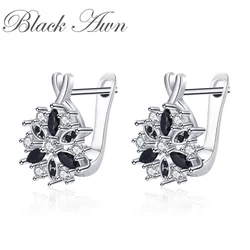 Black Awn 2026 New Silver Color Round Black Trendy Spinel Engagement Flower Hoop Earrings for Women Jewelry Bijoux I212