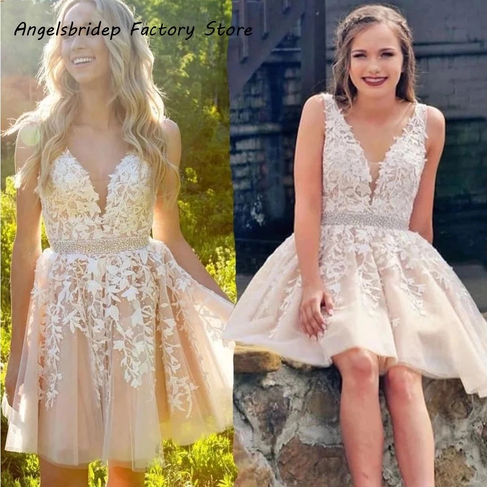 

ANGELSBRIDEP V-Neck Leaves Lace Homecoming Dress Vestidos de festa Fashion Strap Applique Graduation Formal Party Gowns