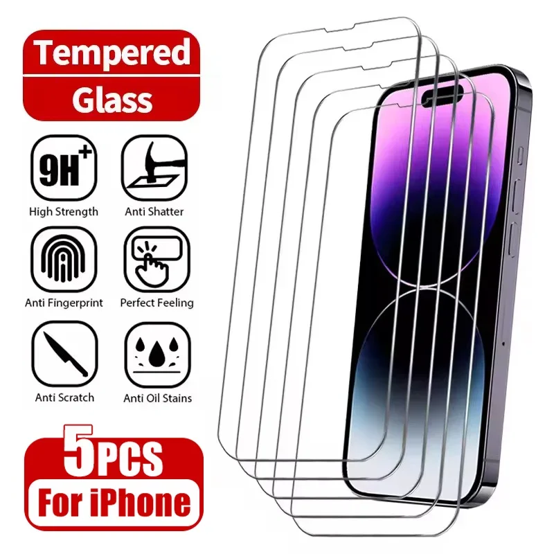 

5Pcs Tempered Glass For iPhone 15 14 13 12 11 16 Pro Max Mini X XS XR 7 8 6 Plus Screen Protectors Film For iPhone SE 2020 2022