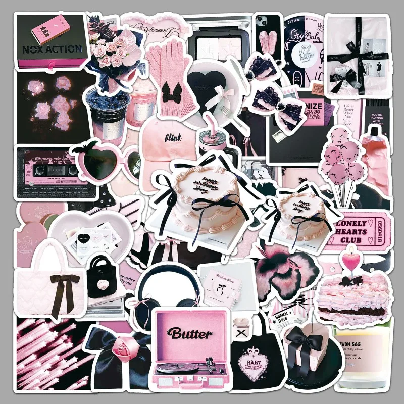 

52 Pcs Black Pink Ins Style Graffiti Stickers Fashion Minimalist Fresh Decor Journal Phone Case Notebook DIY Art Embellishment