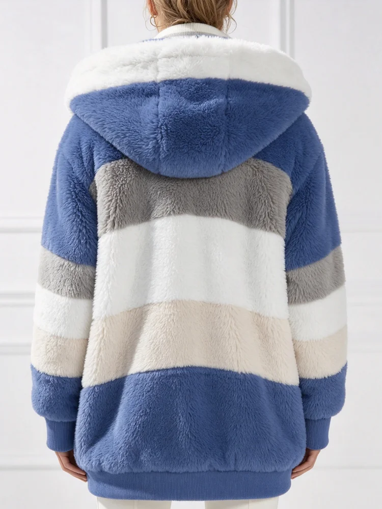 2026 Autumn/Winter Women's Blue Patchwork Thick Fleece Padded Hooded Street Style Loose-Fitting Zipper Cashmere Coat