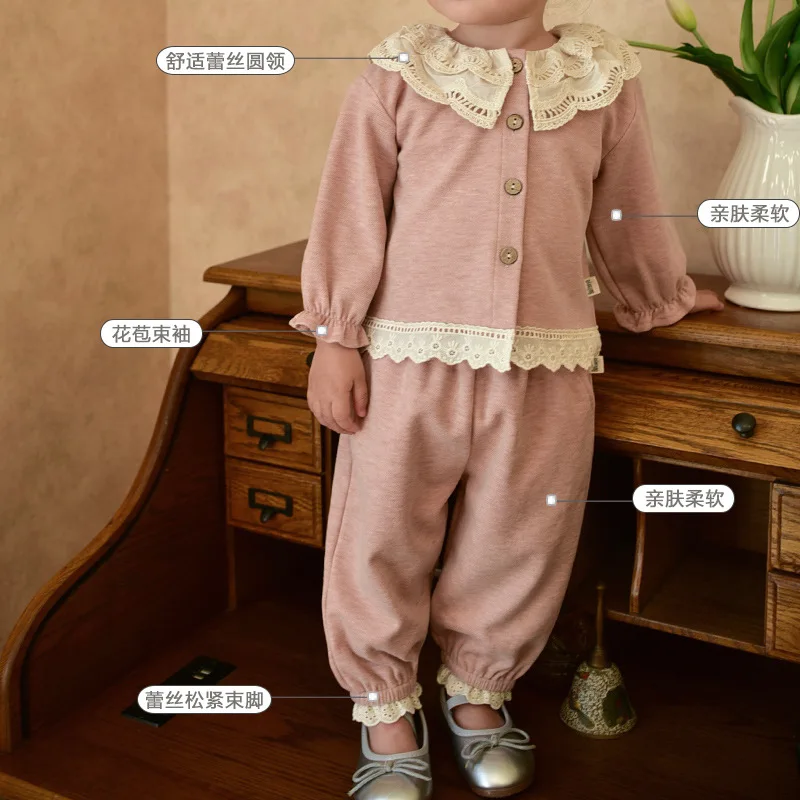 Sweet Stylish Girls Autumn Outfit 2025 New Long Sleeve Lace Open Cardigan Two-Piece Set for Baby Girls Fashionable Top