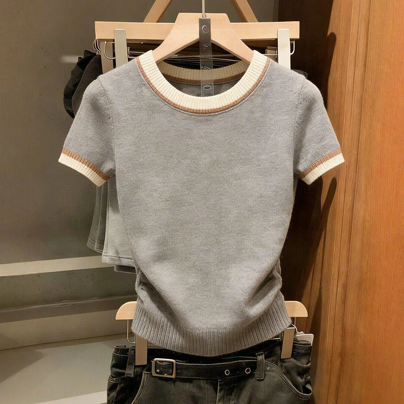 New Summer Short Sleeve Knitted Sweater Women Pullovers O-Neck Patchwork Knit Sweater Pullover Women Tops Sueters De Mujer Q3791