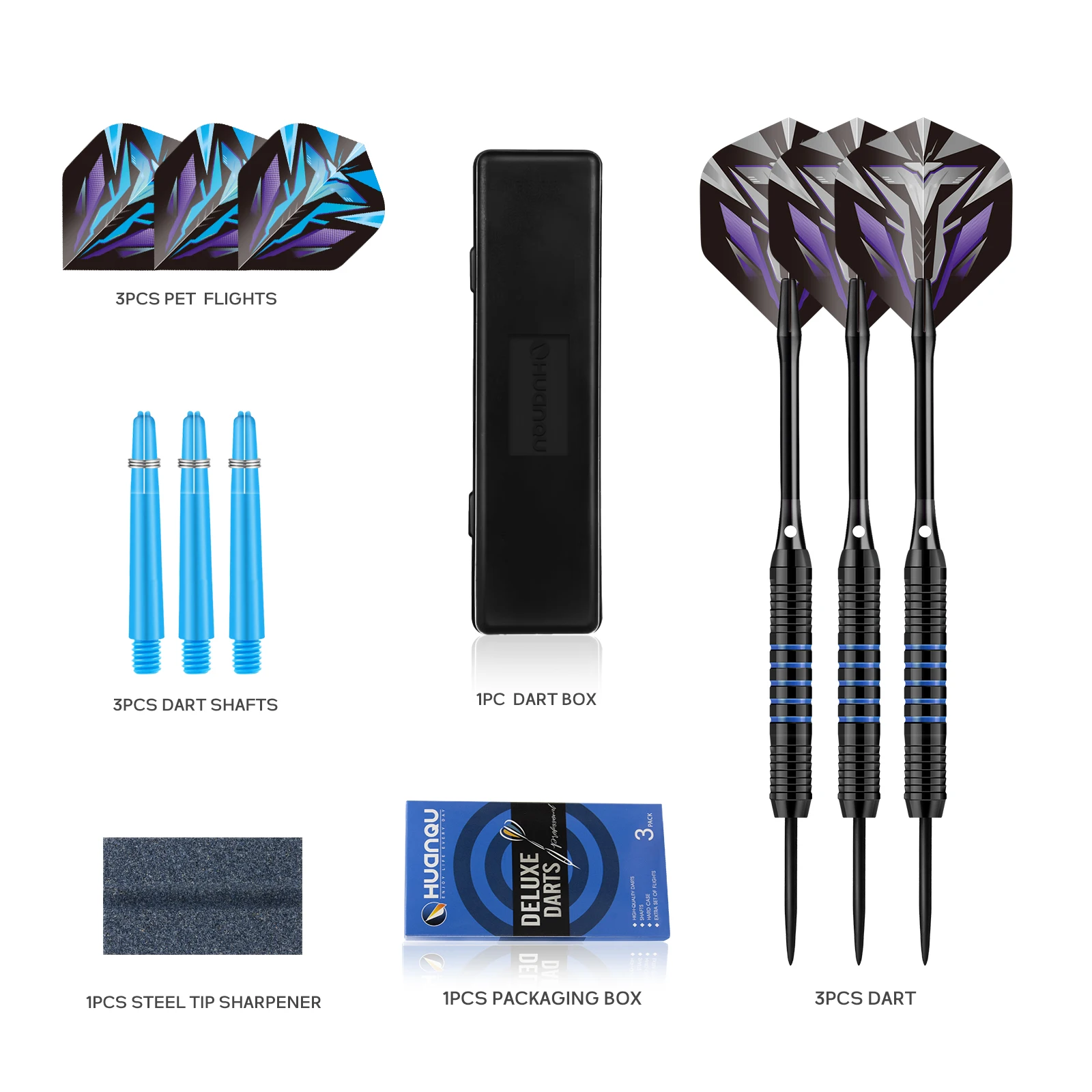 Huanqu 3-Piece Set of Hard Needle Darts, High-Precision Heavy-Duty Competitive Darts for Indoor Bar and Home Use, Suitable for Adult Beginners, Dart Set with 24g Weighted Anti-Slip Design and Full Set of Spare Accessories with Storage Box