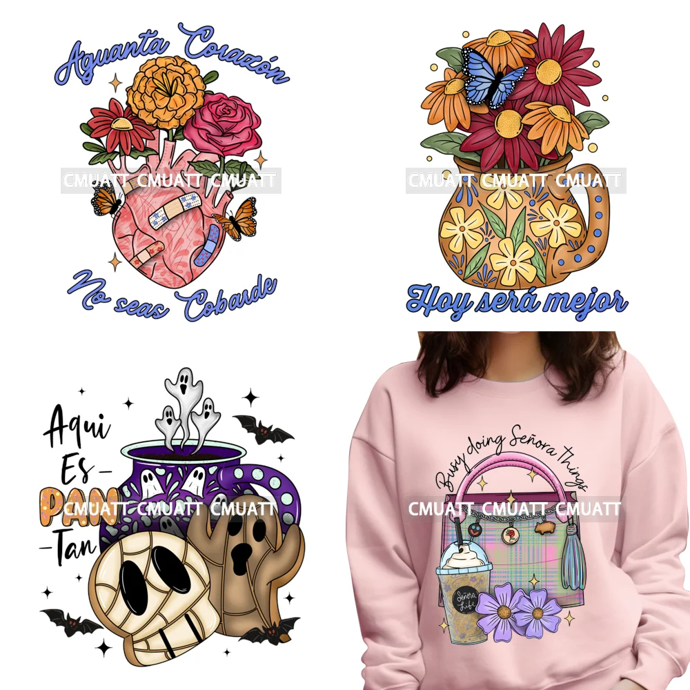 Pan Dulce Conchas المكسيكي Ghost Hispanic Halloween Season Iron على DTF ملصقات نقل قابلة للغسل جاهزة للضغط على القمصان