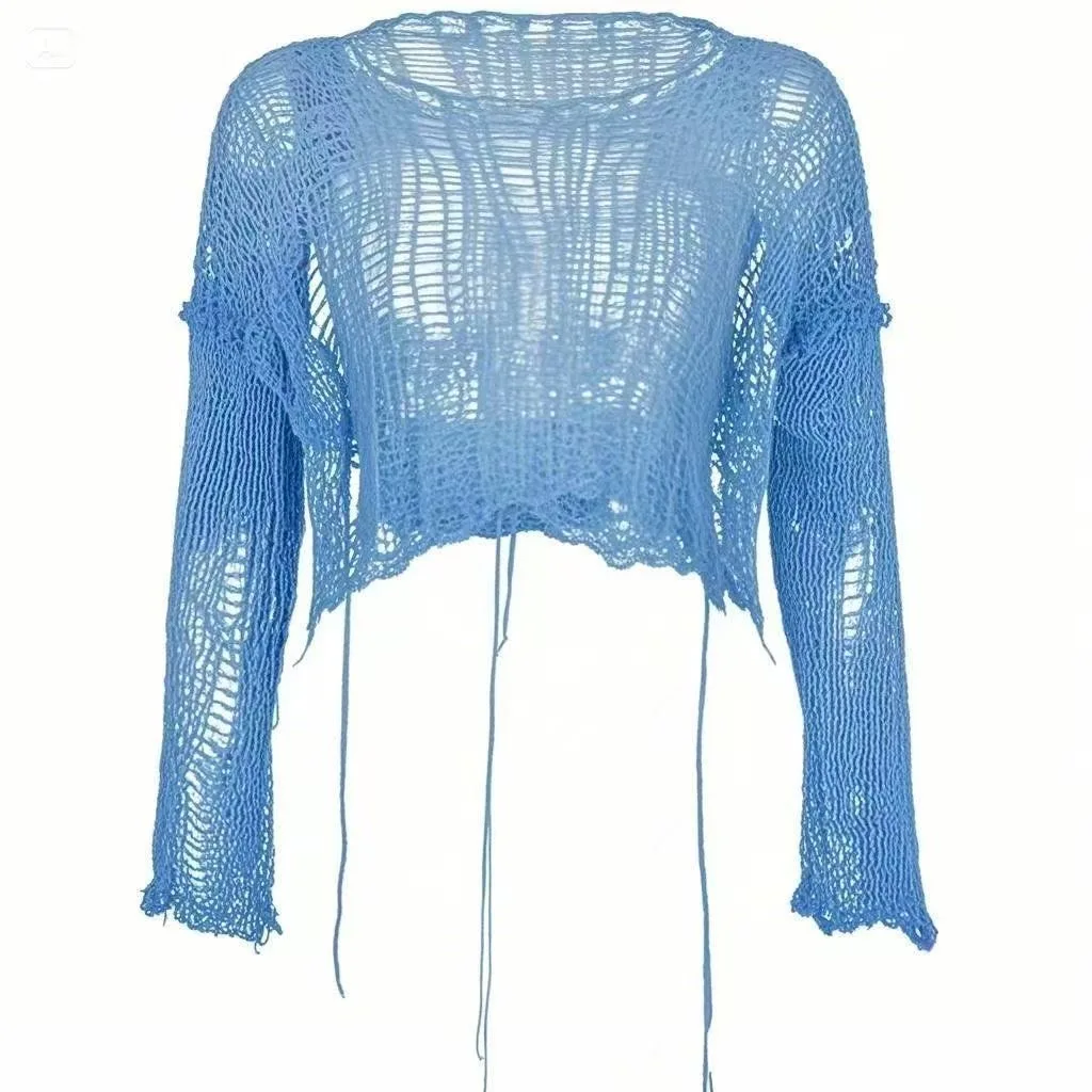 Y2k Abgeschnitten Loch Pullover Sexy Gyaru Aushöhlen Stricken Pullover Goth Koreanische Langarm Jumper Sommer Mode Sheer Strickwaren Tops
