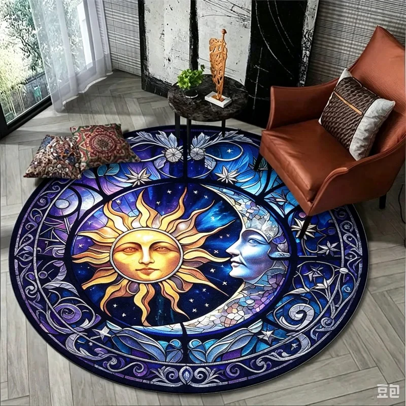 Sun Moon Mystical Round Rug, Stained Glass Style Printed Floor Mat, Bohemian Living Room Home Decor Carpet