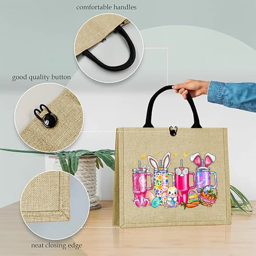 Easter Bunny Tumbler Cup Print Linen Tote Bag Cute Rabbit Egg Carrot Graphic Reusable Shopping Handbag Spring Holiday Gift Bag