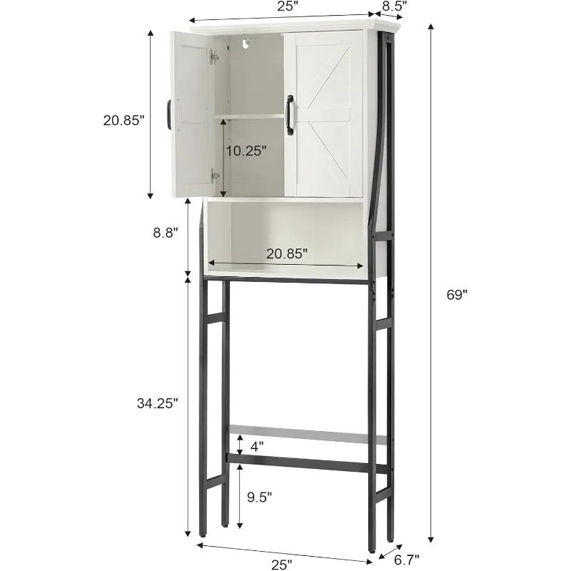 Above the bathroom storage cabinet with barn doors behind the bathroom toilet organizer