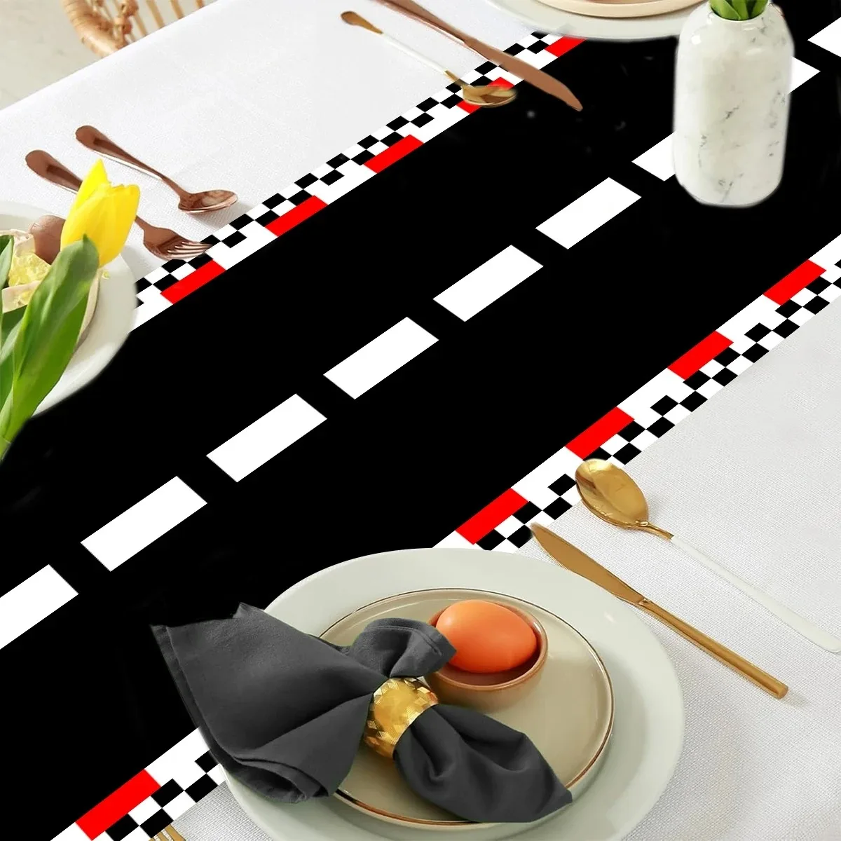 Racing Track START Table Runner, Checkered Border Road Printed Fabric Table Scarf, Car Theme Centerpiece For Boys Birthday Party